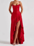 Satin Spaghetti Strap Ruffled Sexy Maxi Dress For Women Gown Red Off-shoulder Sleeveless Backless High Split Long Dress