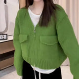 Women's Zip Up Knit Cardigan with Pocket V-neck Zipper Front Crop Sweater Jacket Female Teen-girl Autumn Winter Y2K Outfit