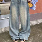 Pbong  Spring Autumn Vintage Chicly Button Jeans Women American Simple Baggy High Waisted Denim Pants Washed Y2K Wide Leg Jean Trousers