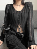 Gothic See Through Bandage Blouse Grunge Black Casual Sexy Knitwear T-shirt Y2k Long Sleeve Streetwear Women Tops Harajuku