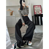 Fall Winter Elegant Gray Suits Pants for Women Office Lady High Waist Wide Leg Fashion Trousers with Pockets Black Pants