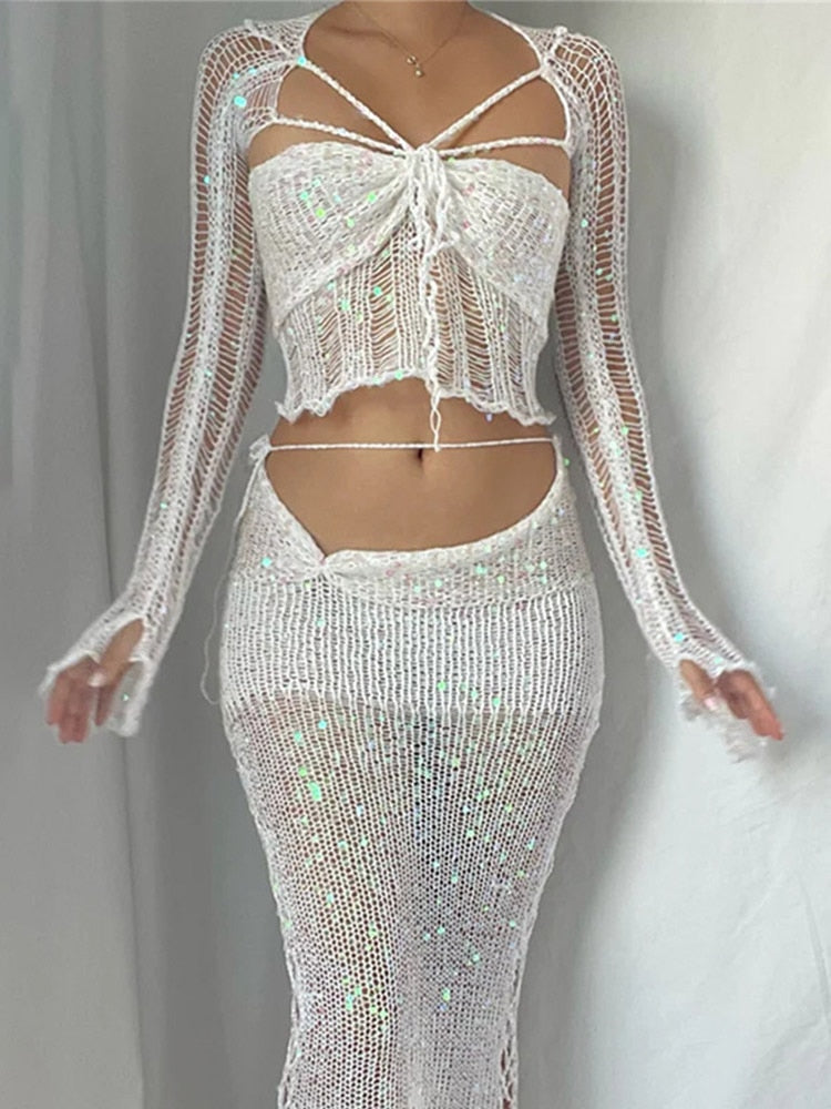Sexy Hollow Out Sequin Bra Gradient Yarn Skirt 4 Pieces Set Woman Knitted Lace Up Tube Top Outfits Y2k Holiday Beach Suits