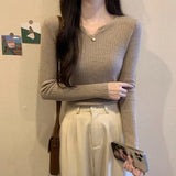 Pbong  French Style Slim Fit V Neck Knitwear Long Sleeve Womens Base Layer Black Sweater Autumn Winter Shirt