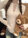 Half Lace Up Sweater for Women Long Sleeve Slim Fit Knitted Tops Pullovers Femal Lace-up Jumper Autumn Winter Y2K Outfit