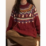Pbong  Red Christmas Pattern Knitted Sweater Loose round Neck Pullover for Women Couples Matching American Retro College Style
