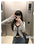 Two Piece Set Lace-up Cardigan with Cami Women's Sexy Slim Y2K Crop Long Sleeve Criss Cross Knit Tops Korean Acubi Outfit