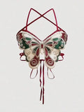 Women's Butterfly Embroidered Top Backless Adjustable Navel Baring Sexy Cropped TopSleeveless Camisole Sexy Daily Y2K Top