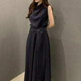 Pbong  Korean Chic Sleeveless Wrap Waist Dress Women's Citywalk Polyester Fiber Versatile Style Midi Dress Elegant Choker Design