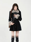 Women Elegant Long Sleeve Mini Dress Warm Winter Sweet Faux Fur Collar Woolen Dress Female Vintage A-line Party Dress