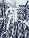 Pbong  Sexy Plaid Spliced Embroidery Lace Bra Corset style Mini Dress Women Bow Lacing up Backless Party Skater Sling Robe Holiday