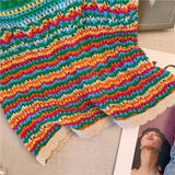 Bohemian Striped Knitted Camisole Vest For Women's summer Contrasting Spaghetti Strap Short Top Seaside Vacation T-shirt