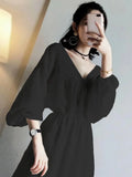 Pbong  Korean Elastic Waist Woman Dress V Neck  Embroidery Sweet Bandage Temperament Dresses Vintage Robe Femme