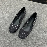Pbong  Square Toe Polka Dot Flats Shoes for Women Elegant Spring Autumn Ballet Flats Casual Streetwear Satin Buckle Strap Black Loafers