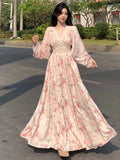 Autumn Women Floral Casual Beach Evening Party Long Dresses V Neck Vintage A-line Dress Korean Fashion Sweet Vestidos Mujer New