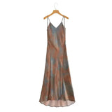 Fashion V-neck Satin Party Dress Vacation Beach Slim Women Long Dress Tie Dye Printing Streetwear Summer Slip Dresses New