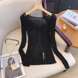 Hollow Out Knitted Cardigan Women Y2K Korean Sexy Streetwear Hole Long Sleeve Sweaters Summer Fashion Thin Irregular Female Tops