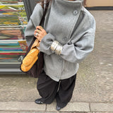 Solid High Neck Double Button Topcoat Dropped Shoulder Loose 2025 Autumn Short Elegant Jacket Women Urban Casual Lady Outerwear