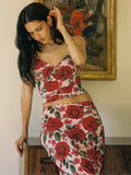 Fashion Red Flower Print Bodycon Long Skirt Set Women Backless Sleeveless Tank Tops High Waist Skirts Sexy Beach Vocation Outfit