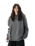 Hip Hop Y2K Gray Cardigan Sweaters Women Loose Streetwear V Neck Design Knitted Coat Casual Vintage Long Sleeve Bf Gothic Tops