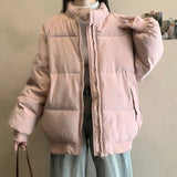 Preppy Style Sweet Pink Parkas Women Vintage Long Sleeve Winter Thick Warm Cotton Jacket Casual Stand Collar Loose Outwear