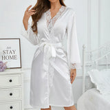 Pbong  Sexy Lace Trim Bride Wedding Robe Dressing Gown Solid Kimono Bathrobe Yukata New Robe Satin Sleepwear Women Casual Home Dress