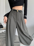 Fall Winter Elegant Gray Suits Pants for Women Office Lady High Waist Wide Leg Fashion Trousers with Pockets Black Pants