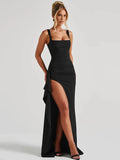 Black Backless Sexy Maxi Dress For Women Gown Spaghetti Strap Sleeveless Thigh High Split Club Evening Long Dress