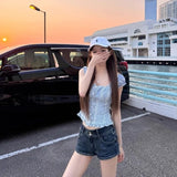 Sweet Blue Plaid Puff Sleeve Women Cropped Shirts Square Collar Korean Fashion Ruffle Blouses Slim Aesthetic Summer