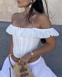 Lace Ruffles Corset Short Vest Women Backless Off Shoulder Cropped Tops 2025 Summer Fishbone Party Club Slim White Tops Clothes