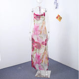 Sexy Printed V-neck Halter Long Dresses Women Retro Sleeveless Backless Side Slit Beach Dress Female Fashion High Street Holiday