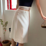 Elegant White Women Satin Skirt Fairycore Ruffle Mid Skirts Coquette A-line Basic Casual Korean Style Summer Silk Skirt