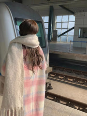 Winter Rainbow Woollen Coats Women Casual Warm Loose Plaid Long Coats Female Korean Fashion Office Lady Trench Jackets Y2k