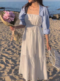 Pbong  White Strapless Summer Dress Women's Chic Loose Waist Long Skirt Korean Style Commute Pure Color Holiday A-Line Gown