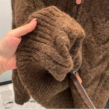 Women Autumn Winter New Lazy Style Loose Knitted Cardigan Retro Solid Color Double Zipper Turn-down Collar Sweater New Women Top