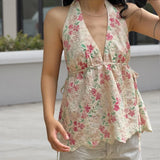 Coquette Tank Tops y2k Women Floral Print V Neck Tie-Up Sleeveless Backless Halter Neck T Shirts Vest 2000s Clothing