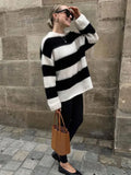 Autumn Blue Solid Mohair Loose Knit Sweater Women Elegant O-neck Long Sleeve Knitting Pullover Lady Casual Street Knitwear