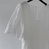 Flower Embroidery V-neck Straight Long Dress White Hollow Out Vacation Short Sleeve Dress Casual Female Clothing 2025 New