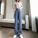 Pbong  Korean Soft Jeans Women Summer Ultra-thin High-waisted Straight Drape Ice Silk Denim Pants Youth Simple Casual Wide-leg Trousers
