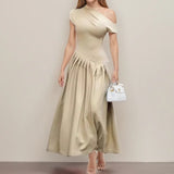 Pbong  Patchwork Pleated Maxi Dress Women's Black Half-turtleneck Short Sleeve High Waist Chic Elegant Office Street Dress
