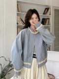 Lace Patchwork Sweet Jacket Women Loose Vintage Preppy Style Cute Coat Female Long Sleeve Korean Retro O Neck Tops Outwear