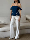 Pbong  Teal Off Shoulder Corset Lace Up Peplum Bustier Top Solid Color Side Summer Chic Sexy Women  Club Date Casual Office Top