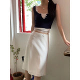 Elegant White Women Satin Skirt Fairycore Ruffle Mid Skirts Coquette A-line Basic Casual Korean Style Summer Silk Skirt