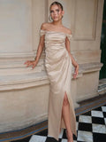 Satin Off-shoulder Sexy Maxi Dress Women Fashion Strapless Sleeveless Backless Side Split Ruched Evening Long Dress