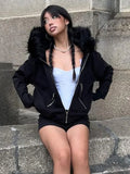 Black Faux Fur Collar Cropped Hoodies Women Grunge Y2k Zip Up Hooded Sweatshirts Vintage Streetwear Long Sleeve Tops