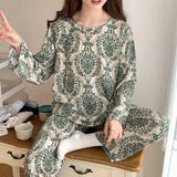 Pbong  Women Two-piece Set Pajamas Set Girls Chinese Style Printing Sleepwear Round Neck Long Sleeved Top Loungewear Casual Homewear