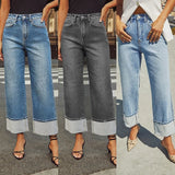 Pbong  Spring Fashion Elastic Straight Leg Jeans Women High Waist Retro Rolled Edge Denim Pants Ladies Trend Streetwear Casual Trousers