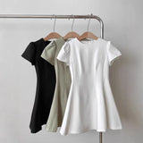 Pbong  Summer Hepburn Style Green Short Sleeve Dress Women's Fashion Slimming Short Skirt High Waist A-Line Dress Commute Style