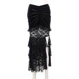 Gothic Folding Fishtail Multi-layer Splicing Split Skirt Woman Velvet High Waist Lace Patchwork Punk Mermaid Skirts