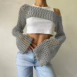 Pbong  New Harajuku Grunge Solid Slash Neck Women Crop Pullovers Y2k Aesthetic Knitted Sexy Sweaters Streetwear Hollow Out Autumn Tops