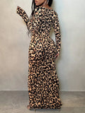 Pbong  Leopard Print Long Sleeve Bodycon Maxi Dress for Evening Party